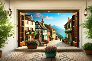 un' porta per un' villaggio strada con un' Visualizza di montagne. ai-generato foto