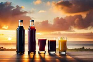 tre bottiglie di succo e bicchieri su un' tavolo con il tramonto nel il sfondo. ai-generato foto