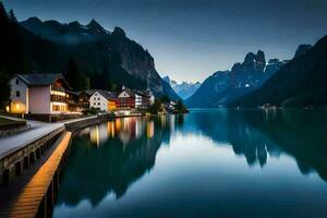 un' lago e montagna gamma nel il sfondo. ai-generato foto