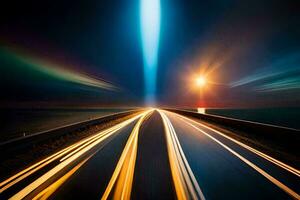 un' lungo esposizione fotografia di un' autostrada a notte. ai-generato foto