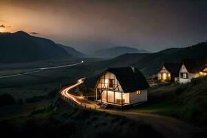 un' Casa nel il montagne a crepuscolo. ai-generato foto