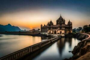 il sole imposta al di sopra di un' grande edificio nel India. ai-generato foto