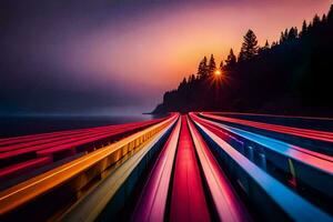 un' lungo esposizione foto di un' treno traccia con colorato luci. ai-generato