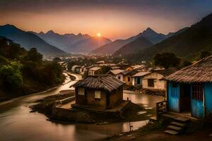 un' villaggio a tramonto con un' fiume e montagne nel il sfondo. ai-generato foto