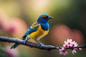 un' blu e giallo uccello è seduta su un' ramo. ai-generato foto