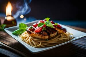 grigliato salmone con spaghetti e pomodoro salsa su un' piatto. ai-generato foto