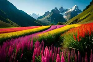 colorato fiori nel un' campo con montagne nel il sfondo. ai-generato foto