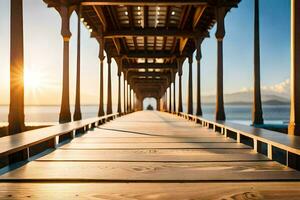 un' di legno ponte con il sole splendente su esso. ai-generato foto