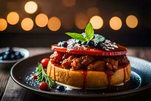 un' dolce con mele e frutti di bosco su un' piatto. ai-generato foto