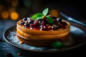 un' dolce con frutti di bosco e menta su un' piatto. ai-generato foto