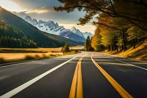 un' strada nel il montagne con alberi e montagne nel il sfondo. ai-generato foto