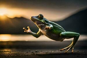 un' rana salto nel il aria a tramonto. ai-generato foto