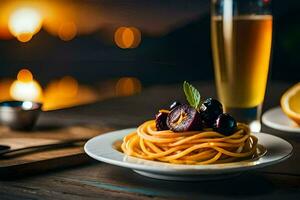 spaghetti con ciliegia pomodori e arancia fette su un' piatto. ai-generato foto