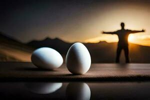 Due uova su un' tavolo con un' uomo in piedi nel il sfondo. ai-generato foto