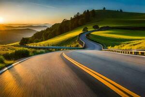 un' avvolgimento strada nel il montagne a tramonto. ai-generato foto