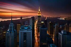 il impero stato edificio è visto a tramonto nel nuovo York città. ai-generato foto