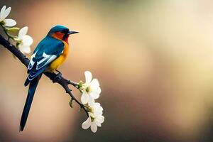 un' colorato uccello si siede su un' ramo con bianca fiori. ai-generato foto