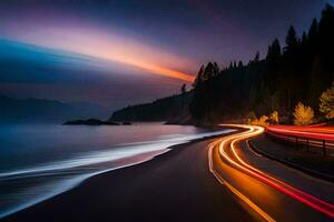un' lungo esposizione fotografia di un' strada e il oceano a notte. ai-generato foto