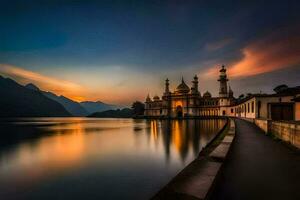 il tramonto al di sopra di un' moschea e lago. ai-generato foto