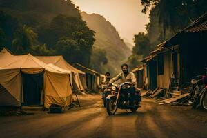 un' uomo su un' motociclo cavalcate attraverso un' villaggio. ai-generato foto