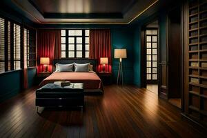 un' Camera da letto con buio legna piani e blu muri. ai-generato foto