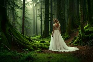 un' donna nel un' nozze vestito in piedi nel il mezzo di un' foresta. ai-generato foto