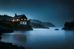 un' Casa si siede su il riva di un' corpo di acqua. ai-generato foto