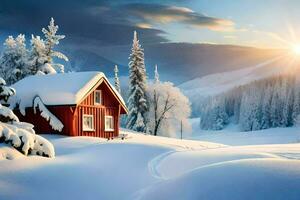 un' rosso Casa si siede nel il neve. ai-generato foto