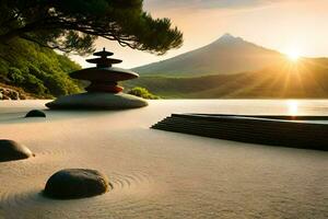 un' zen giardino nel il montagne. ai-generato foto