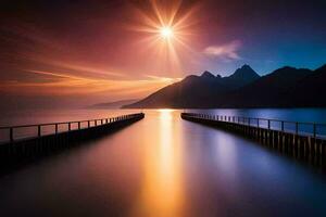 un' molo nel il mezzo di un' lago a tramonto. ai-generato foto