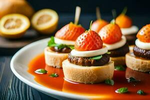 piccolo Antipasti con fragole e formaggio su un' piatto. ai-generato foto