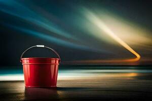 un' rosso secchio seduta su il spiaggia a notte. ai-generato foto