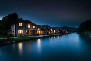 un' Casa su il fiume a notte. ai-generato foto