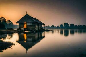 un' piccolo Casa si siede su il riva di un' lago a tramonto. ai-generato foto