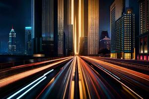 un' città strada a notte con leggero sentieri. ai-generato foto