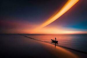 un' barca è galleggiante nel il oceano a tramonto. ai-generato foto