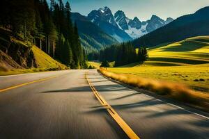 un' strada nel il montagne con montagne nel il sfondo. ai-generato foto