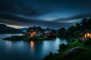 un' lago Casa a notte con un' buio cielo. ai-generato foto