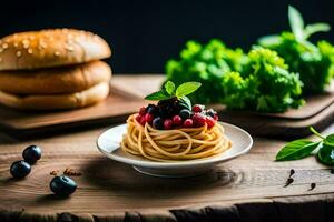 spaghetti con frutti di bosco e erbe aromatiche su un' piatto. ai-generato foto