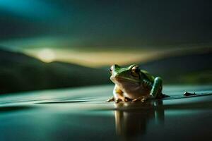 un' rana seduta su il acqua a notte. ai-generato foto