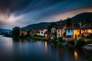 foto sfondo il cielo, nuvole, fiume, case, il scuro, il notte, il fiume. ai-generato