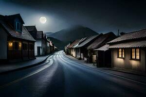 un' strada nel il buio con un' pieno Luna. ai-generato foto