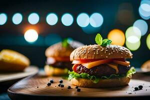 un' Hamburger su un' di legno vassoio con un' illuminato sfondo. ai-generato foto