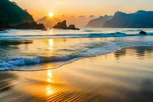 il sole sorge al di sopra di il oceano e onde su il spiaggia. ai-generato foto