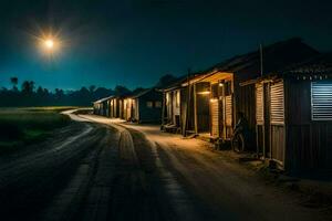 un' strada a notte con case e un' pieno Luna. ai-generato foto