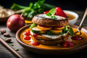 un' Sandwich con verdure e frutta su esso. ai-generato foto