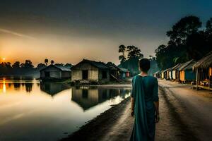 un' donna nel un' blu vestito passeggiate lungo un' sentiero vicino un' fiume. ai-generato foto