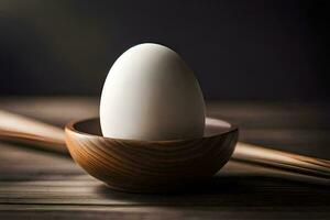 un uovo nel un' di legno ciotola su un' tavolo. ai-generato foto