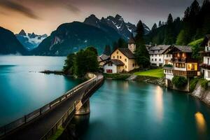 un' bellissimo lago e montagna villaggio nel il montagne. ai-generato foto