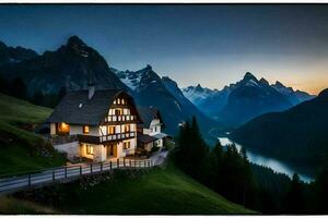 un' Casa nel il montagne a crepuscolo. ai-generato foto